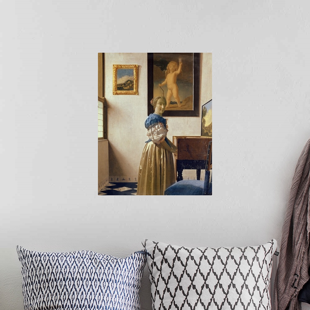 A bohemian room featuring BAL1764 Lady standing at the Virginal, c.1672-73 (oil on canvas)  by Vermeer, Jan (1632-75); Nati...