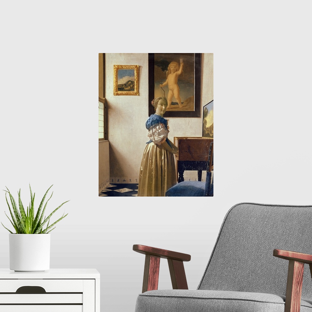 A modern room featuring BAL1764 Lady standing at the Virginal, c.1672-73 (oil on canvas)  by Vermeer, Jan (1632-75); Nati...