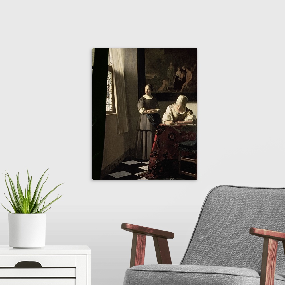 A modern room featuring BAL2353 Lady writing a letter with her Maid, c.1670 (oil on canvas)  by Vermeer, Jan (1632-75); 7...