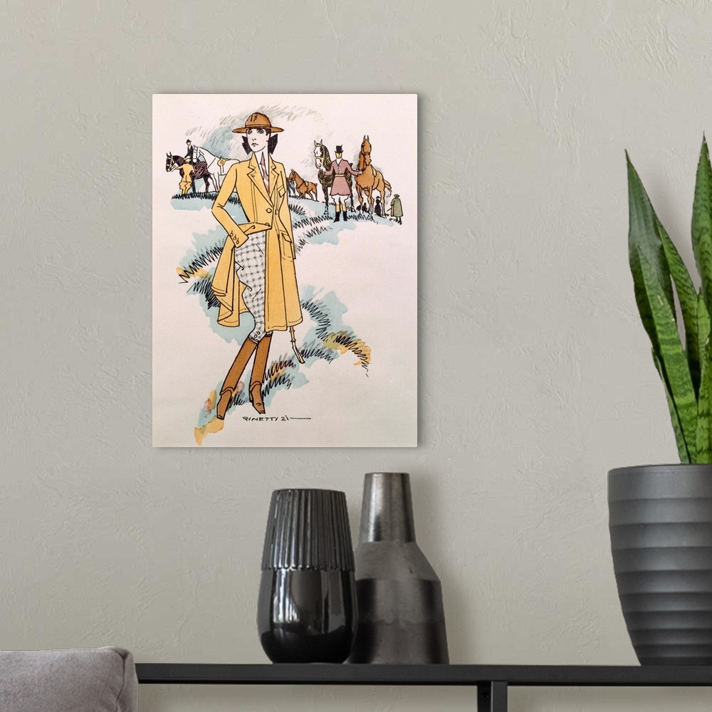 A modern room featuring Lady's equestrian wear, 1921 (colour litho) by German School, (20th century)