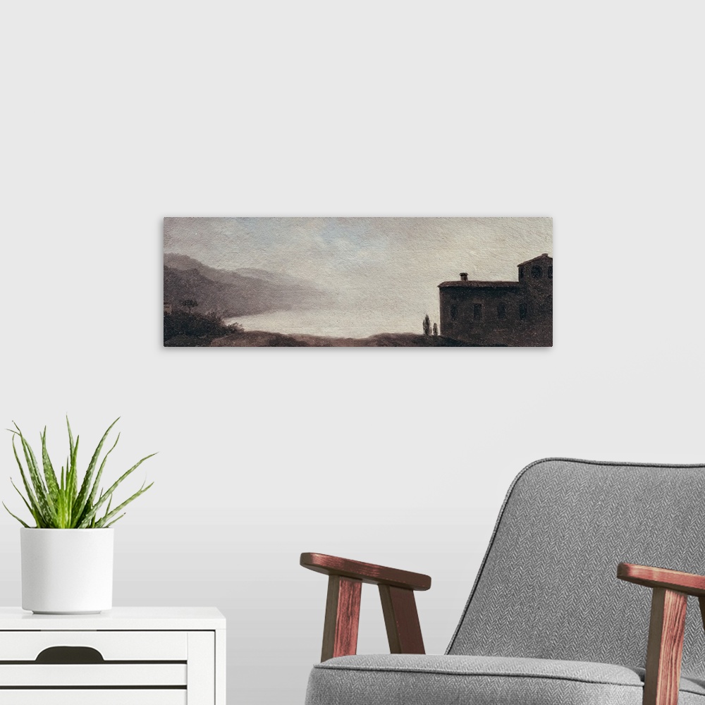 A modern room featuring XIR215177 Lake Nemi in the Rain (oil on paper mounted on card)  by Valenciennes, Pierre Henri de ...