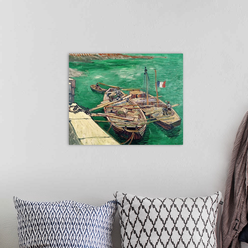 A bohemian room featuring Big, landscape classic painting of several boats floating near shore, wooden beams lying across t...