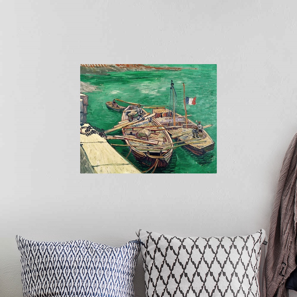 A bohemian room featuring Big, landscape classic painting of several boats floating near shore, wooden beams lying across t...