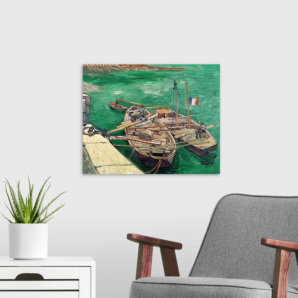 A modern room featuring Big, landscape classic painting of several boats floating near shore, wooden beams lying across t...