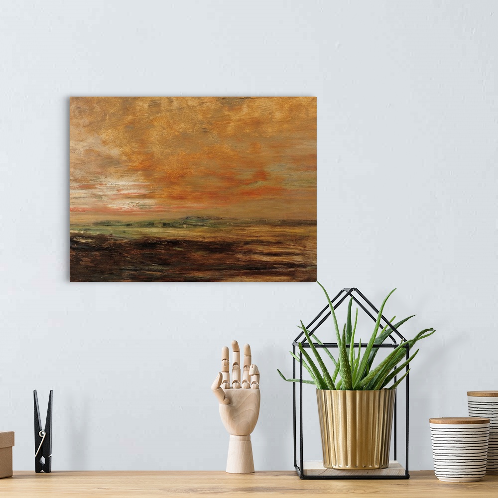 A bohemian room featuring A landscape painting of the sky and horizion at sunset.