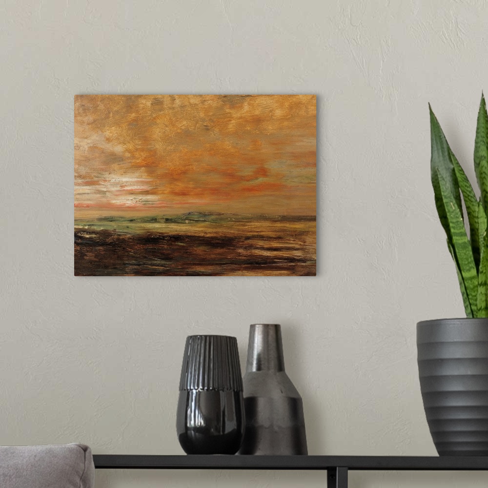 A modern room featuring A landscape painting of the sky and horizion at sunset.