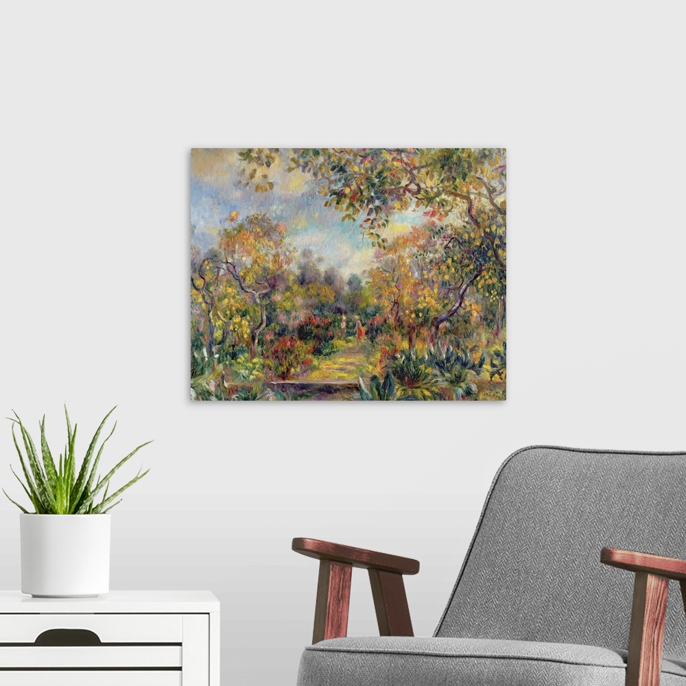 A modern room featuring Oil painting of colorful forest on a sunny day.  There is a path grass covered path the leaves ha...