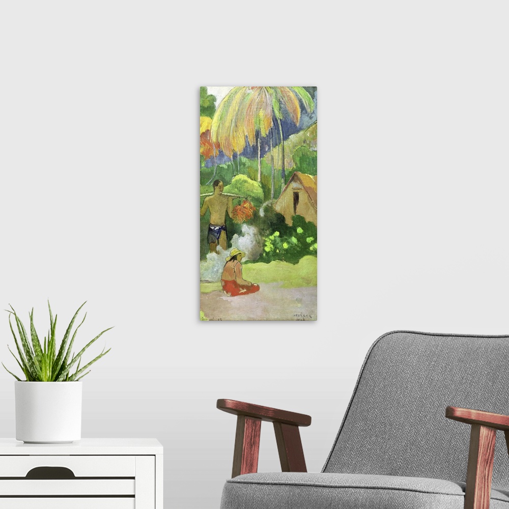 A modern room featuring XIR194742 Landscape in Tahiti (Mahana Maa) 1892 (oil on canvas)  by Gauguin, Paul (1848-1903); 54...