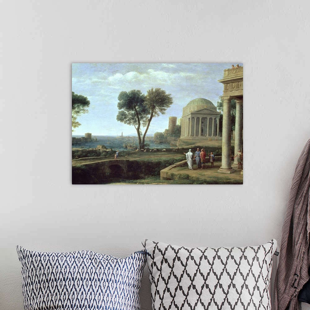 A bohemian room featuring BAL61310 Landscape with Aeneas at Delos, 1672 (oil on canvas)  by Claude Lorrain (Claude Gellee) ...