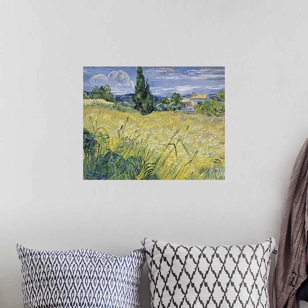 A bohemian room featuring Classic oil painting of a field with a house in the distance made up of broad brush strokes.