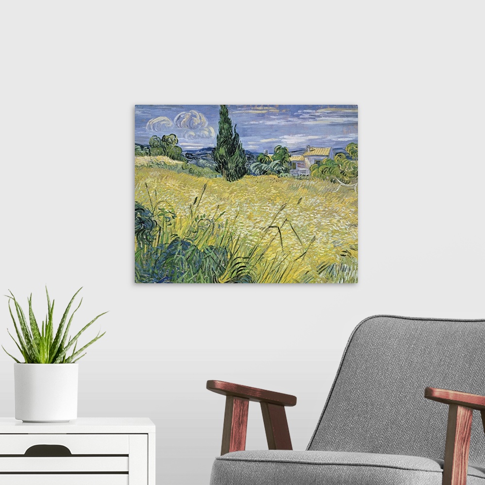 A modern room featuring Classic oil painting of a field with a house in the distance made up of broad brush strokes.