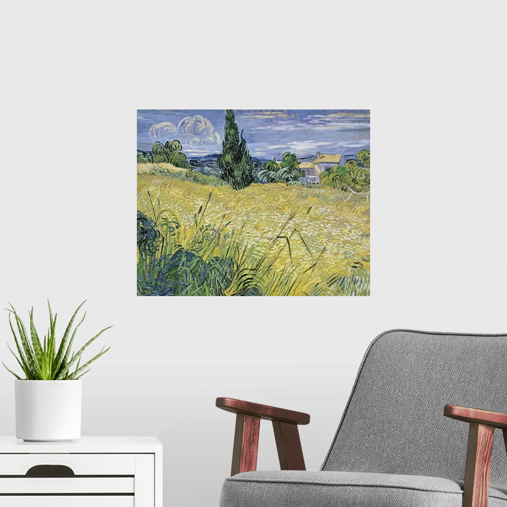 A modern room featuring Classic oil painting of a field with a house in the distance made up of broad brush strokes.