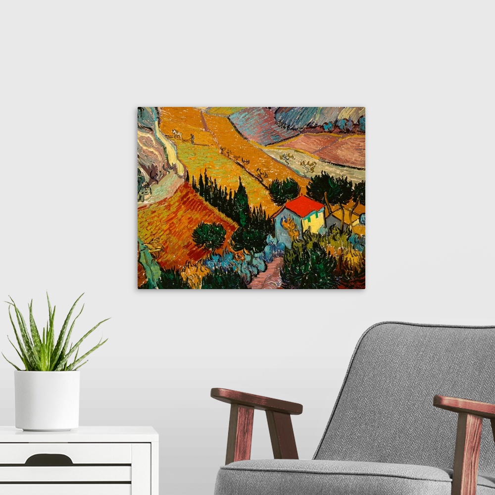 A modern room featuring Big classic art depicts an aerial view of a man and horse plowing a field on a farm within a vall...