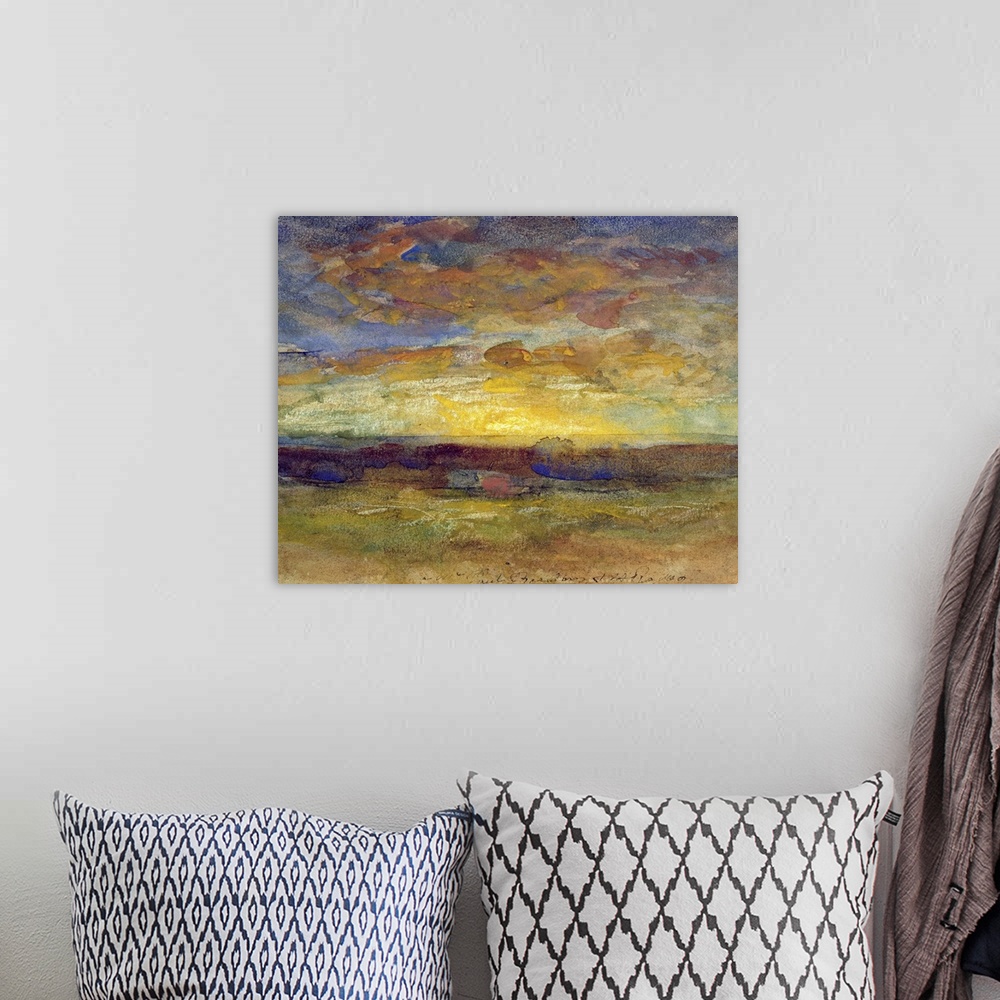 A bohemian room featuring Classic art oil painting of blotches of colors that depict a setting sun off on the horizon.