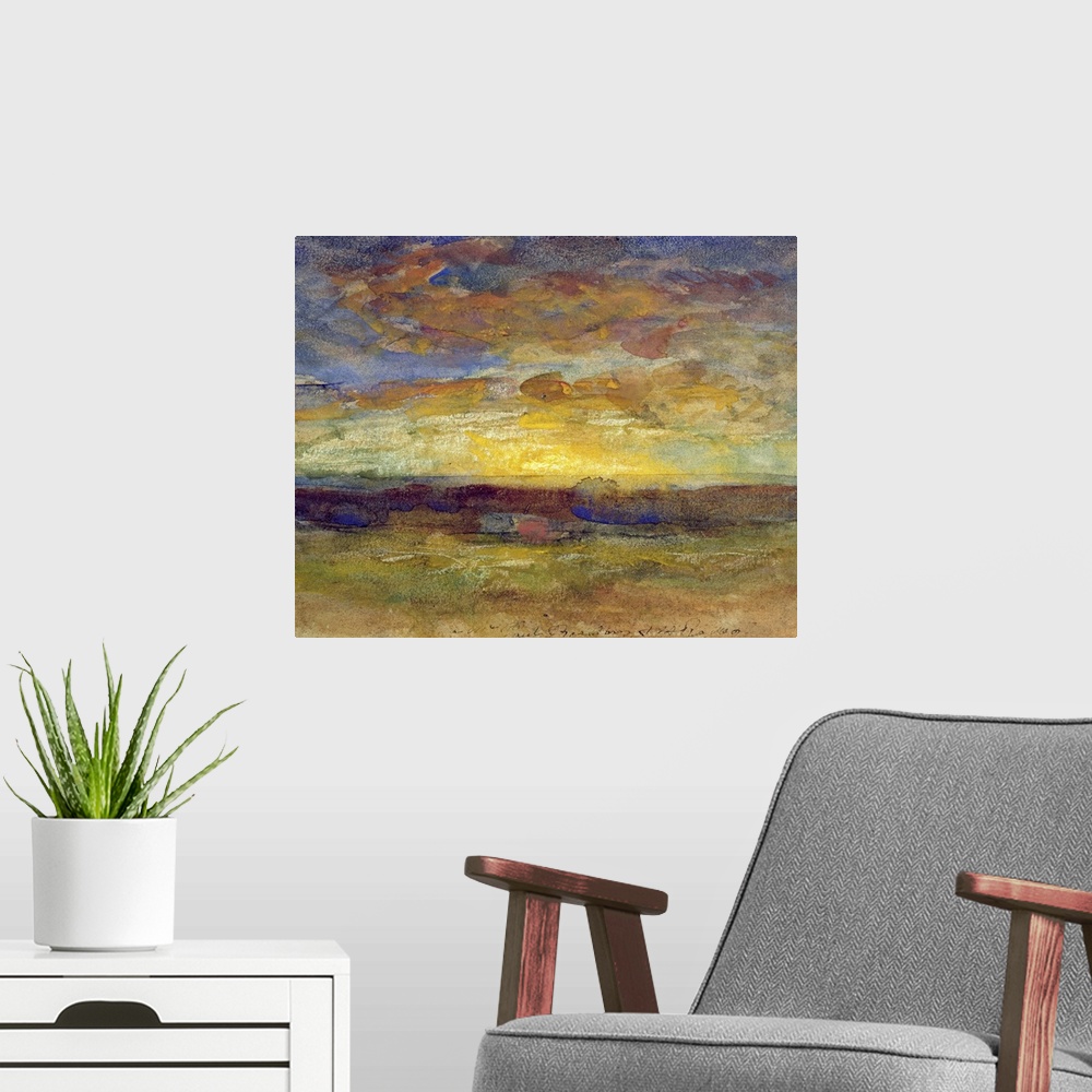 A modern room featuring Classic art oil painting of blotches of colors that depict a setting sun off on the horizon.
