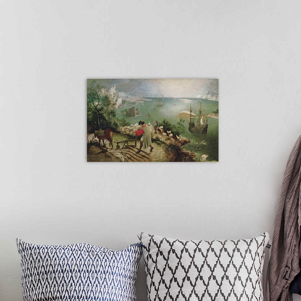 A bohemian room featuring XIR3675 Landscape with the Fall of Icarus, c.1555 (oil on canvas)  by Bruegel, Pieter the Elder (...