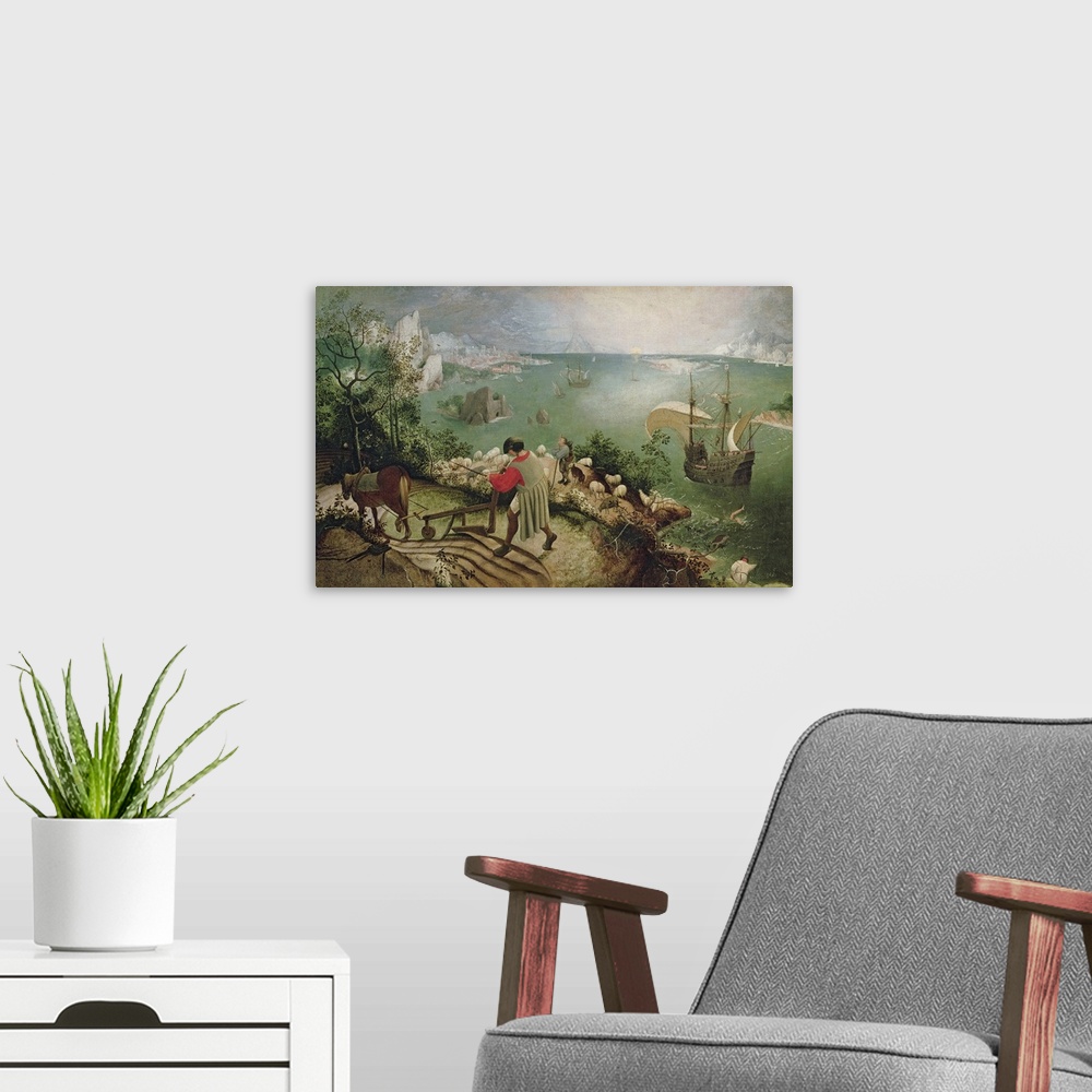 A modern room featuring XIR3675 Landscape with the Fall of Icarus, c.1555 (oil on canvas)  by Bruegel, Pieter the Elder (...