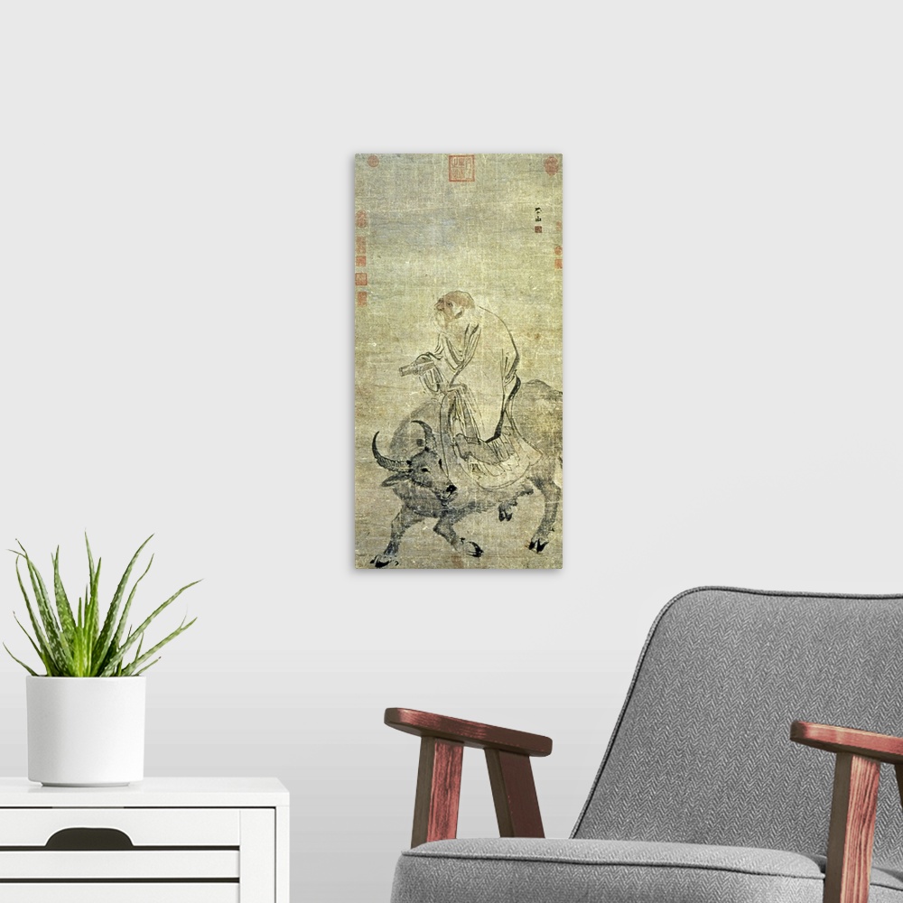 A modern room featuring XTD84804 Lao-tzu (c.604-531 BC) riding his ox, Chinese, Ming Dynasty (1368-1644) (ink and w/c on ...