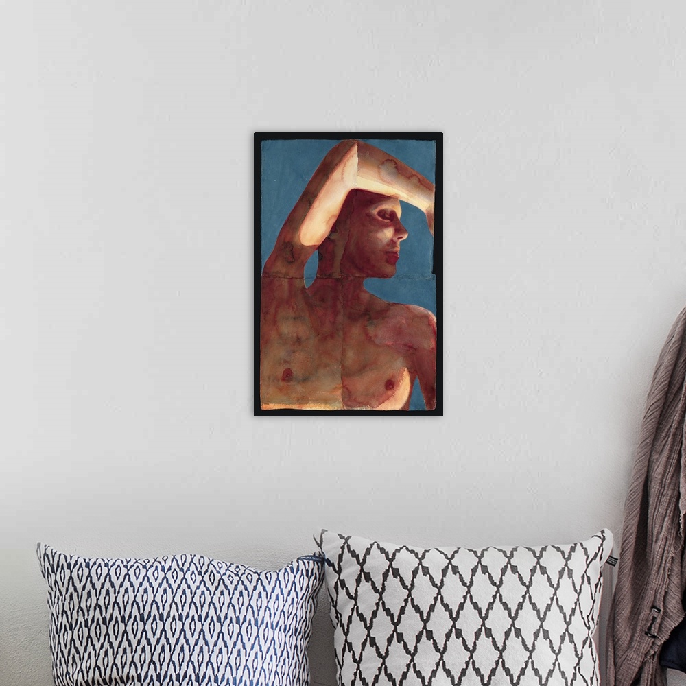 A bohemian room featuring Contemporary painting of a nude female with her arm raised over head against a blue background.