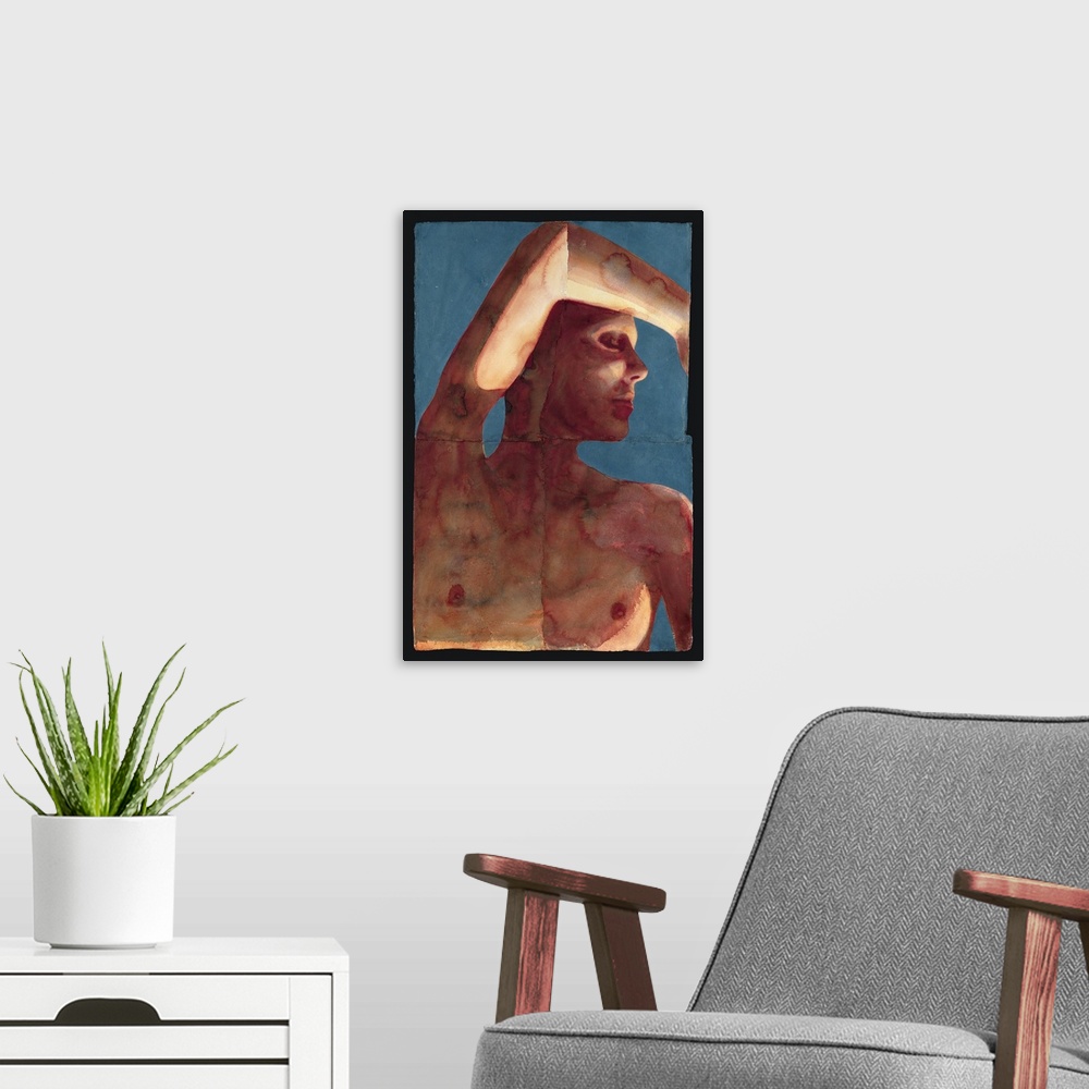 A modern room featuring Contemporary painting of a nude female with her arm raised over head against a blue background.