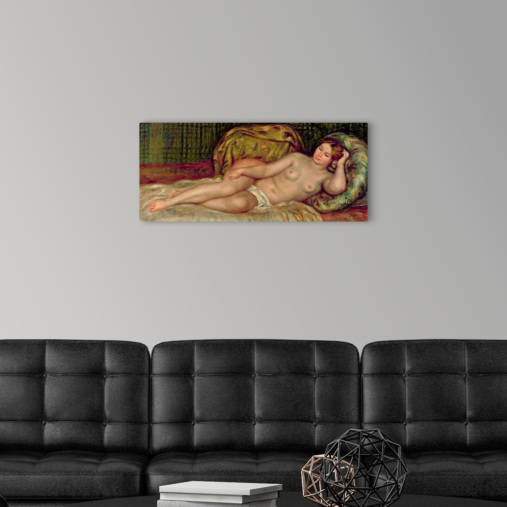 A modern room featuring Large, horizontal classic painting of a nude woman lying on a bed, surrounded by pillows.