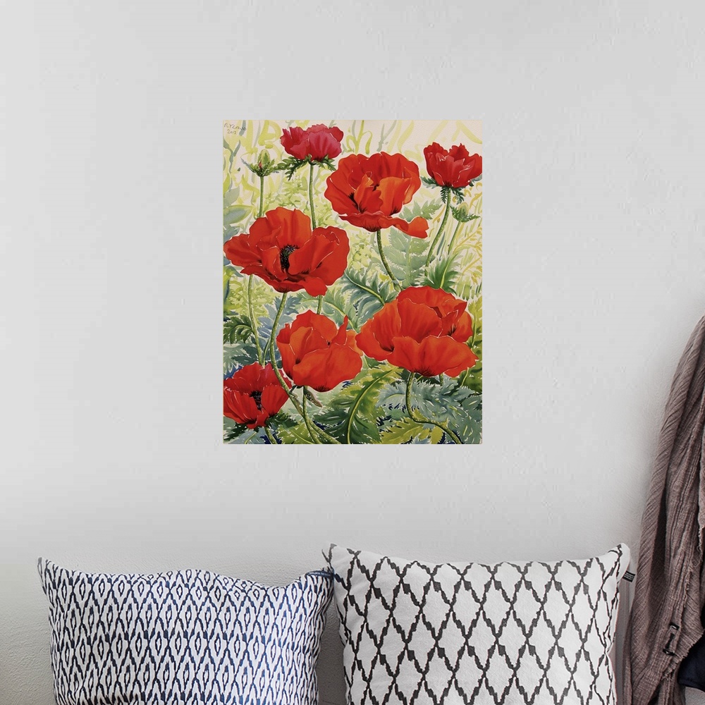 A bohemian room featuring Contemporary painting of a patch of blooming red poppies.