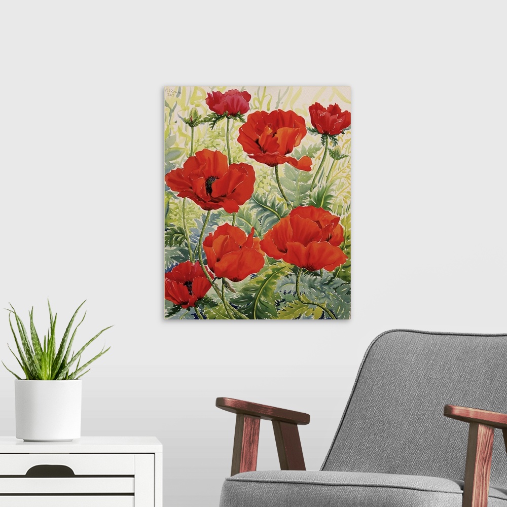 A modern room featuring Contemporary painting of a patch of blooming red poppies.