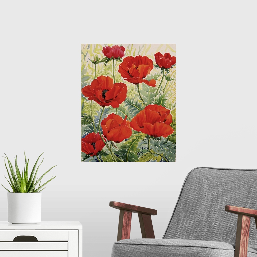 A modern room featuring Contemporary painting of a patch of blooming red poppies.