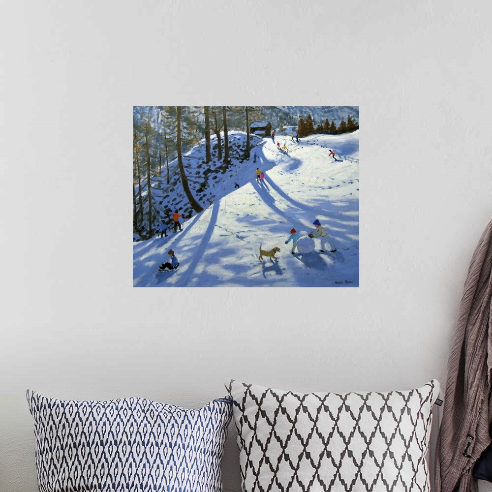 A bohemian room featuring Artwork of children playing on a snow covered hill with footprints all around and a mountain rang...