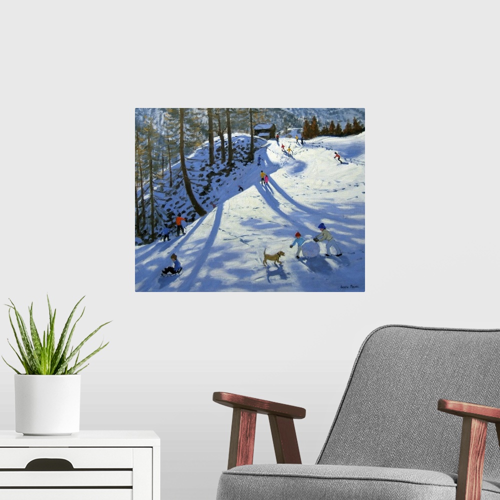 A modern room featuring Artwork of children playing on a snow covered hill with footprints all around and a mountain rang...