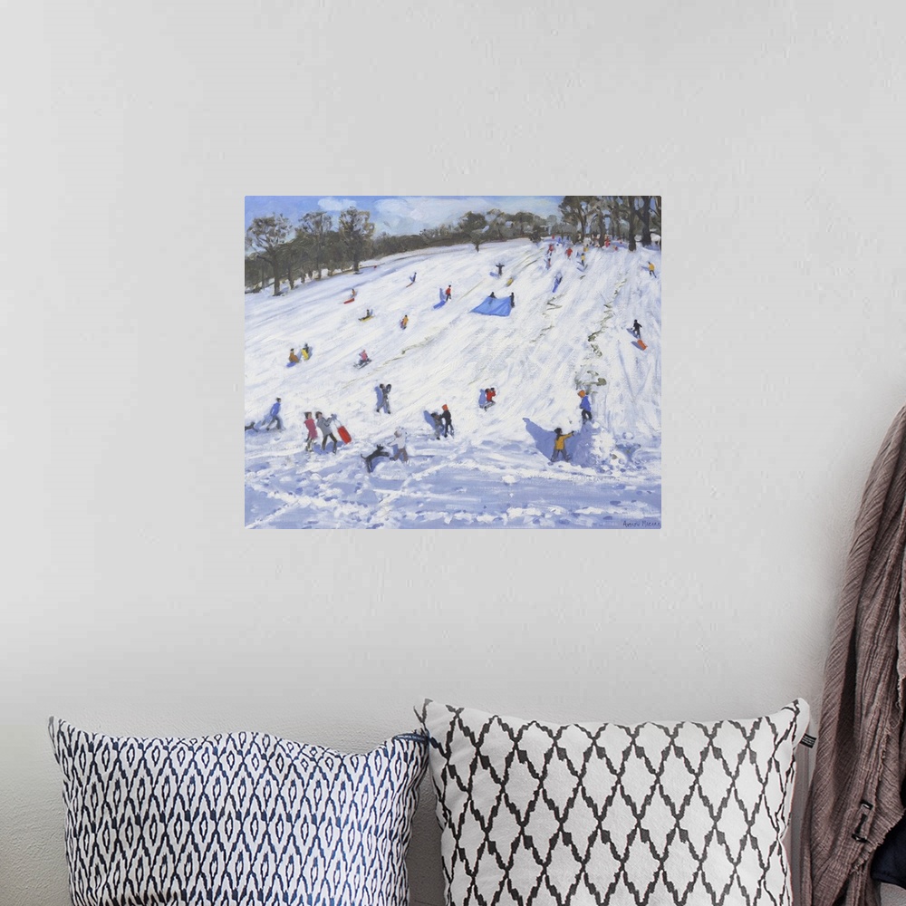 A bohemian room featuring Contemporary painting of children sledging down a large hill in winter.