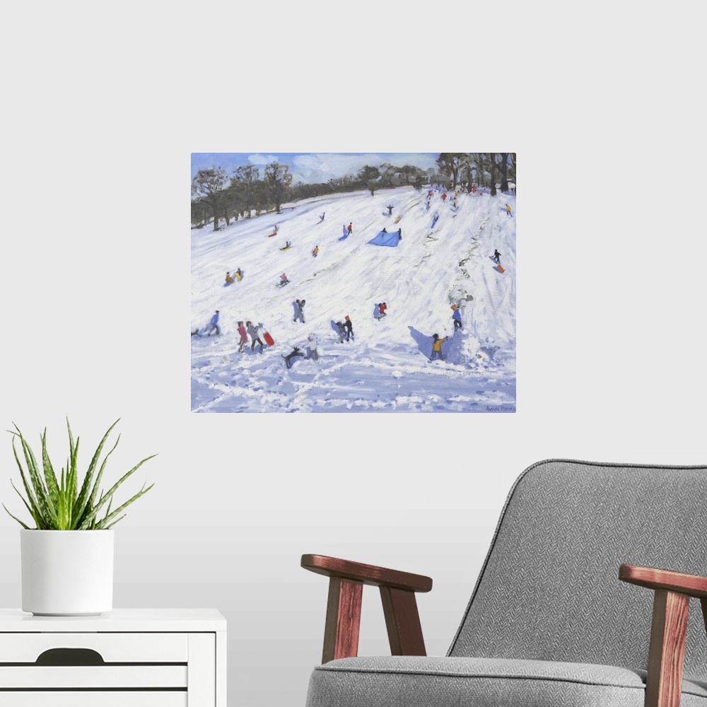 A modern room featuring Contemporary painting of children sledging down a large hill in winter.