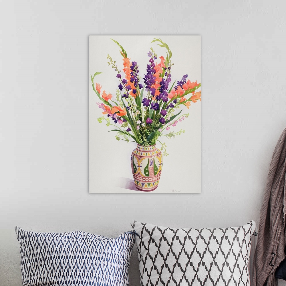A bohemian room featuring Larkspur and Gladioli in a Moroccan Vase