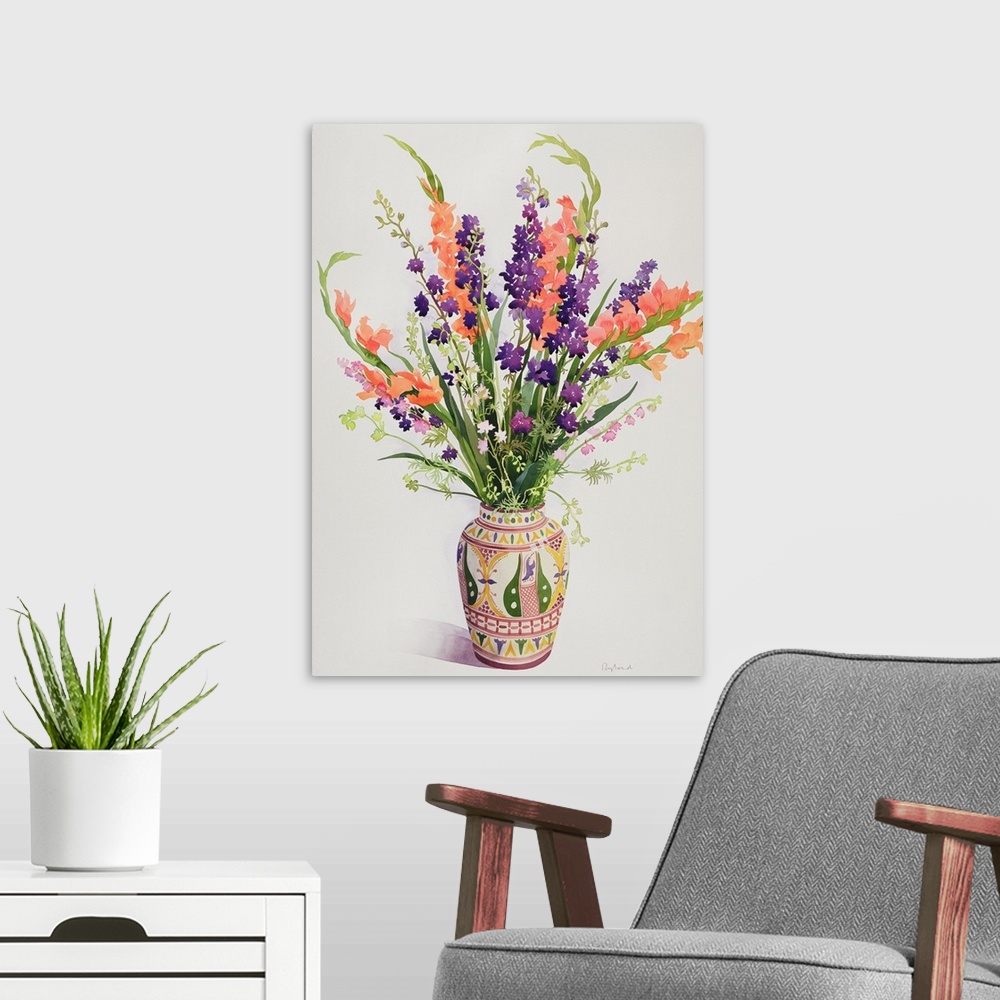 A modern room featuring Larkspur and Gladioli in a Moroccan Vase