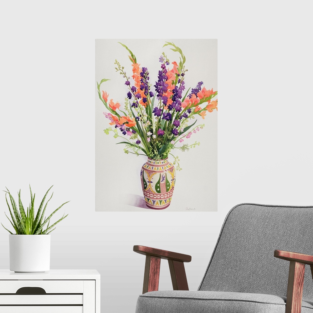 A modern room featuring Larkspur and Gladioli in a Moroccan Vase