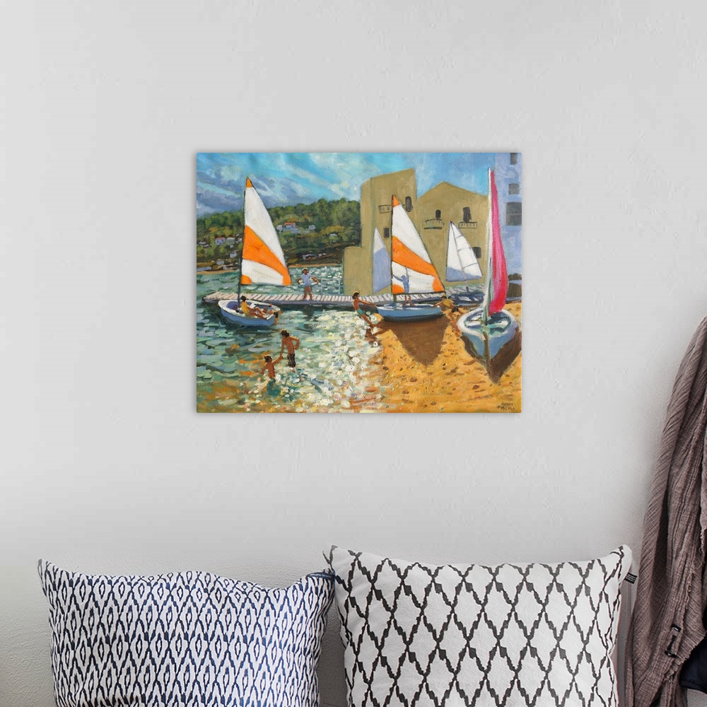 A bohemian room featuring Launching boats, Calella de Palafrugell, Spain, oil on canvas.