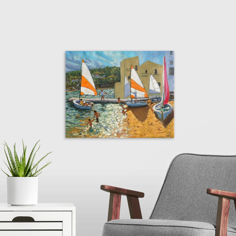 A modern room featuring Launching boats, Calella de Palafrugell, Spain, oil on canvas.