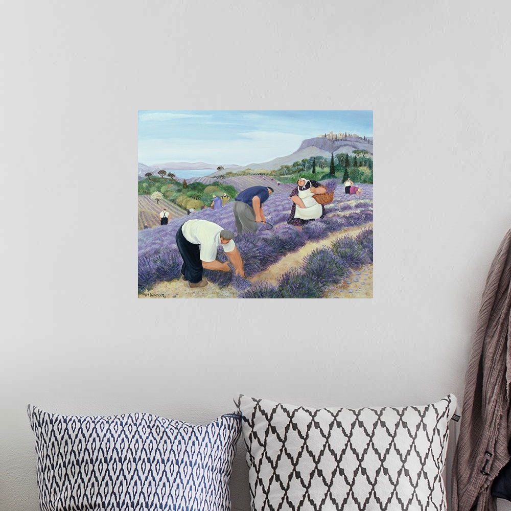 A bohemian room featuring Contemporary painting of people harvesting lavender.