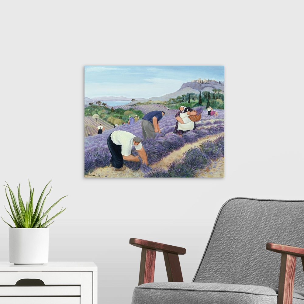 A modern room featuring Contemporary painting of people harvesting lavender.