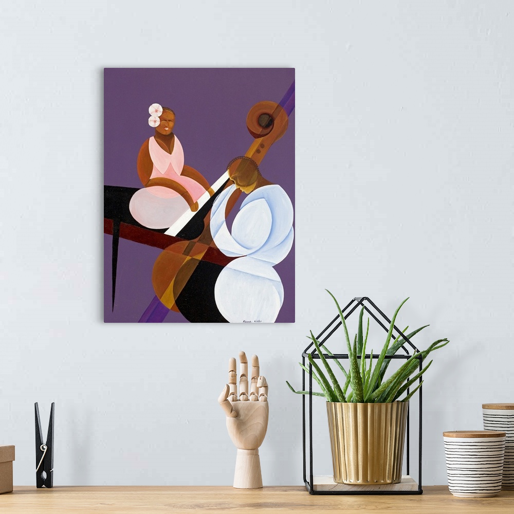 A bohemian room featuring Giant contemporary art showcases a man playing a double bass, while a woman behind him plays the ...