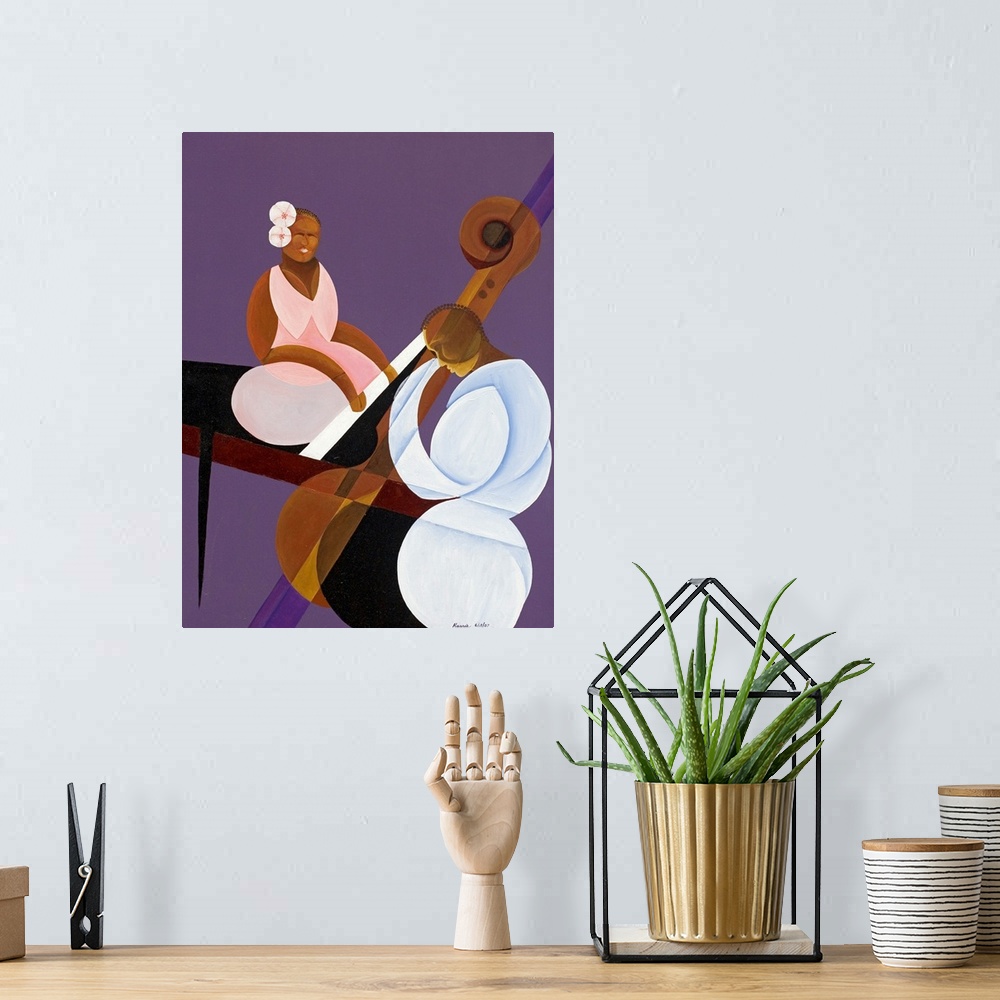 A bohemian room featuring Giant contemporary art showcases a man playing a double bass, while a woman behind him plays the ...