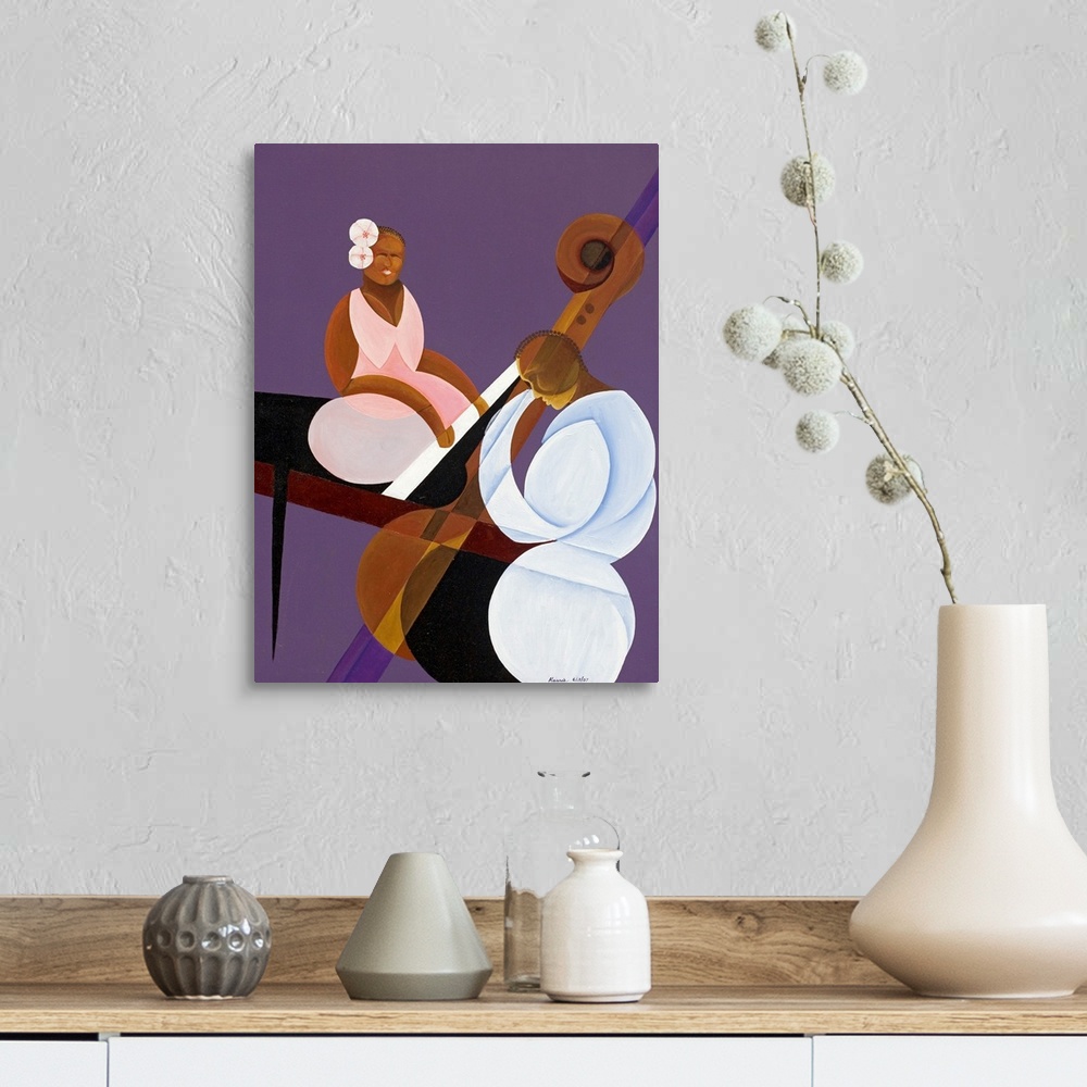 A farmhouse room featuring Giant contemporary art showcases a man playing a double bass, while a woman behind him plays the ...