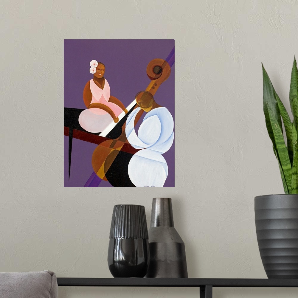 A modern room featuring Giant contemporary art showcases a man playing a double bass, while a woman behind him plays the ...