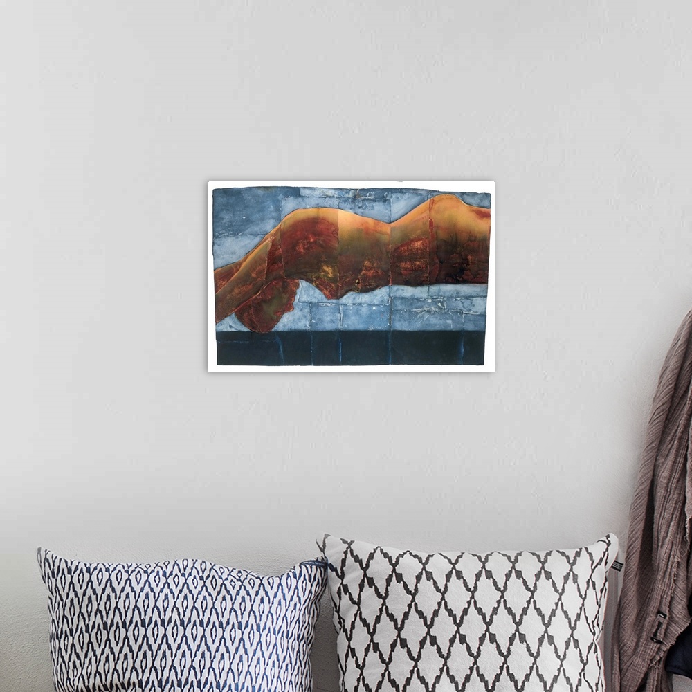 A bohemian room featuring Contemporary painting of a nude figure laying on a blue surface.