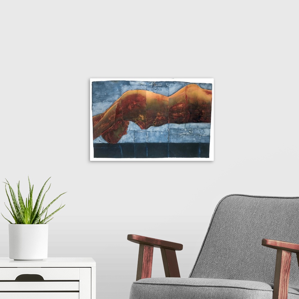 A modern room featuring Contemporary painting of a nude figure laying on a blue surface.