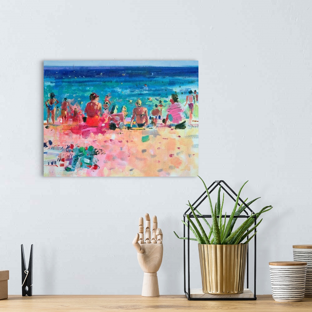 A bohemian room featuring Large wall art of a crowded beach with people tanning on the sand as well as people swimming in t...
