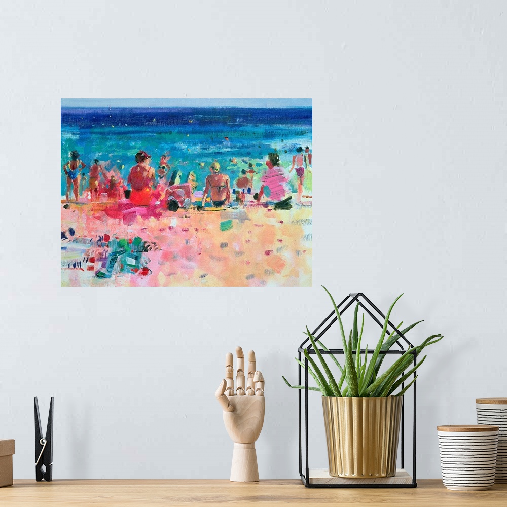 A bohemian room featuring Large wall art of a crowded beach with people tanning on the sand as well as people swimming in t...