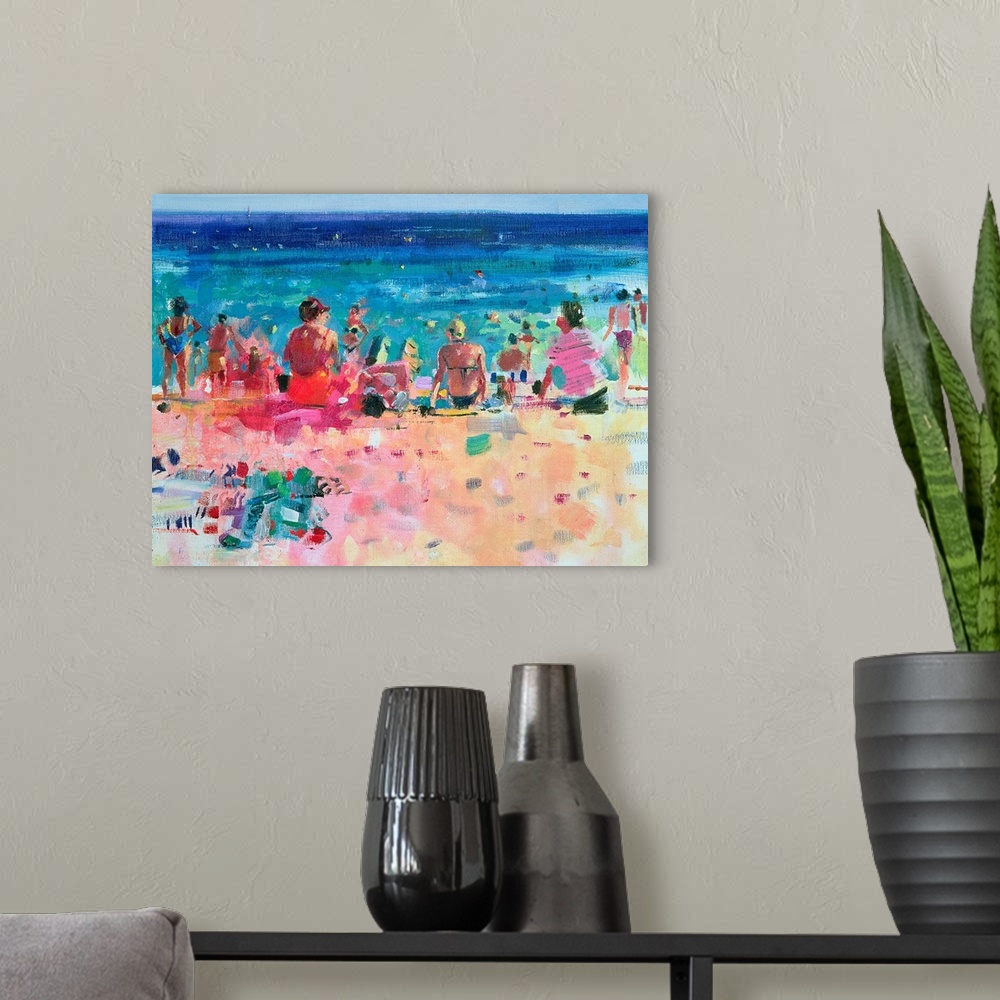A modern room featuring Large wall art of a crowded beach with people tanning on the sand as well as people swimming in t...