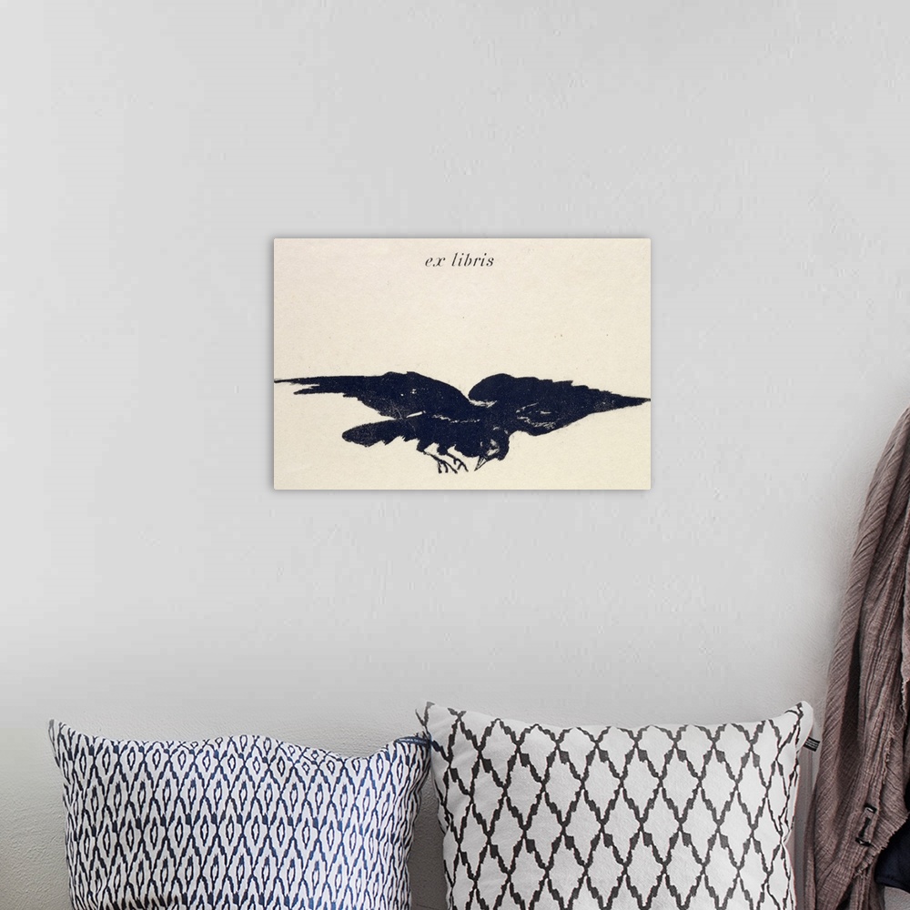 A bohemian room featuring Large, horizontal artwork of an illustrated raven flying on a light, neutral background.  Text at...