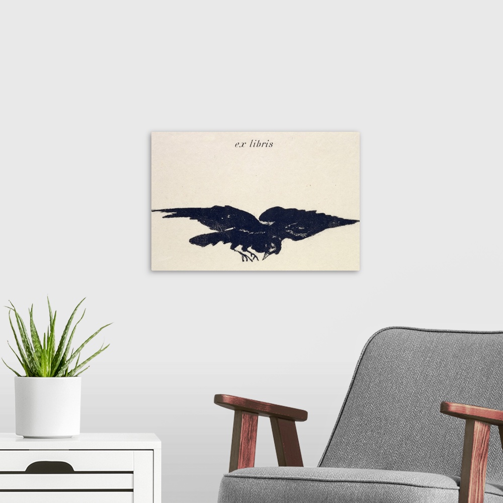 A modern room featuring Large, horizontal artwork of an illustrated raven flying on a light, neutral background.  Text at...